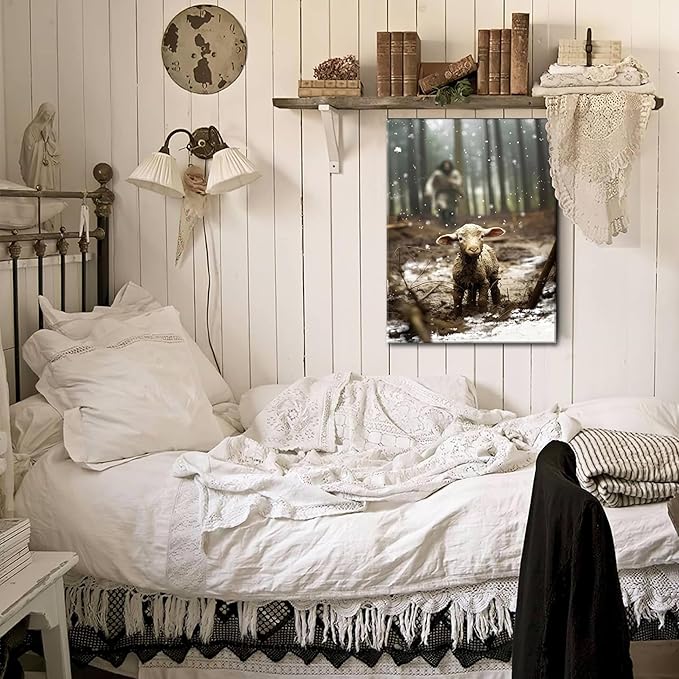 Jesus Christian Wall Art, Jesus Saves the Lost Lamb Canvas Wall Decor, Religion Canvas Art Wall Decor Posters Paintings Prints for Living Room, Bedroom, Prayer Room, Framed 12x16 inch