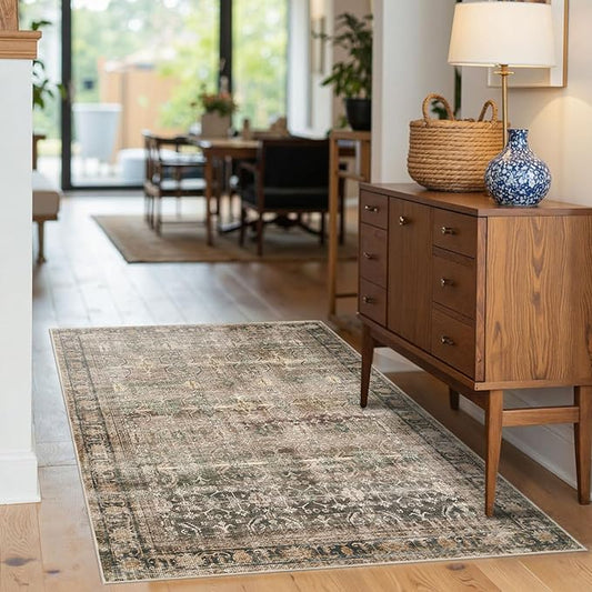 Rugxara 3x5 Rug for Entryway Bedroom, Brown 3x5 Washable Area Rug, Vintage Retro Boho Throw Rug, Non Slip & Low Pile Small Carpet for Indoor Entry, Kitchen, Bedside, Living Room, Bathroom and Dining
