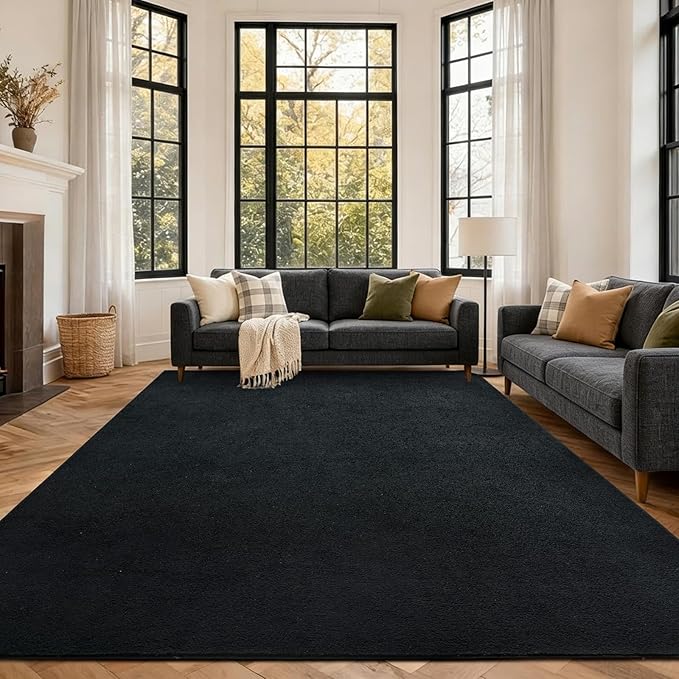 FinRèc 7x10 Washable Area Rugs for Bedroom Living Room, Low Pile Thin Rug Solid Color, Non-Slip Carpet Indoor for Home Decor (Pure Black)