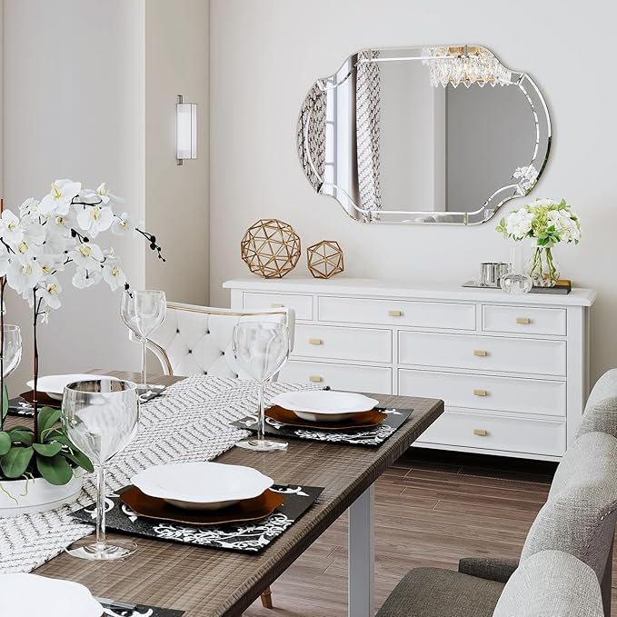 47" x 32" Large Wall Mirrors for Living Room, Modern Elegant Decorative Mirror with Beveled Glass Scalloped Corner, Horizontal or Vertical Hanging for Bathroom, Entryway, Dining Room