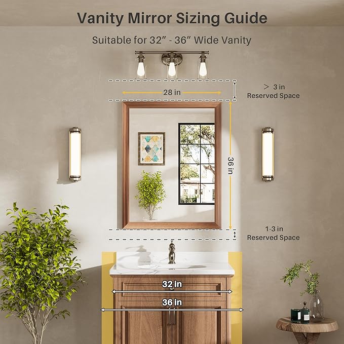 28x36 Inch Bathroom Mirror for Wall, Anti-Rust Walnut Wood Grain Metal Framed Bathroom Mirrors for Over Sink,Rectangler Mirrors for Bathroom Vanity, Farmhouse, Bedroom, Living Room, Entryway Decor