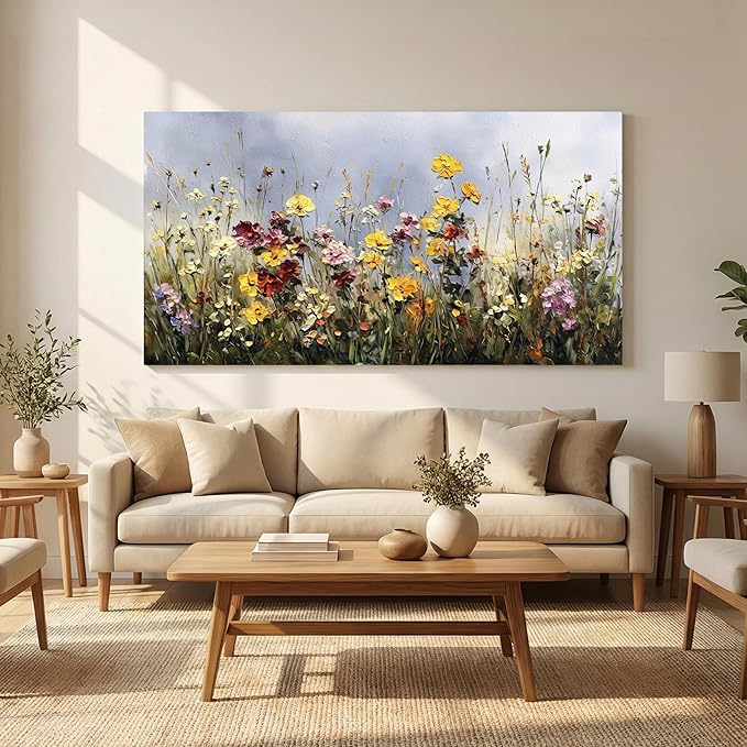 BQVCT Wildflower Meadow Canvas Wall Art 24x48 Inch Floral Botanical Painting Print on Framed Canvas Vibrant Colorful Garden Landscape Wall Decor for Living Room Bedroom Office