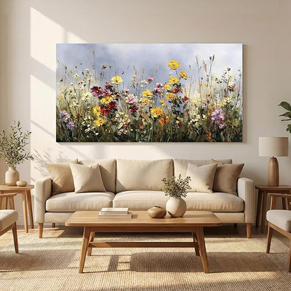 BQVCT Wildflower Meadow Canvas Wall Art 24x48 Inch Floral Botanical Painting Print on Framed Canvas Vibrant Colorful Garden Landscape Wall Decor for Living Room Bedroom Office