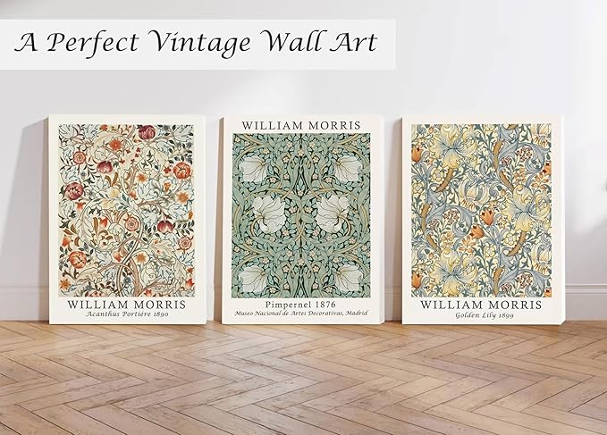 Induslyfe Framed Flower Wall Art Canvas Decor Set of 3, William Morris Framed Prints Posters Mid Century Modern Art, Aesthetic Floral Botanical Wall Art for Bedroom Living Room Bathroom 12x16