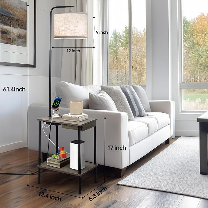 EOEYYOYB Floor Lamp with Table & Drawers, End Table Lamp with USB Charging Portt Power Outlet and Shelves, Side Table Reading Light with 3 Color Temperature Led Bulb Included for Living Room, Gray