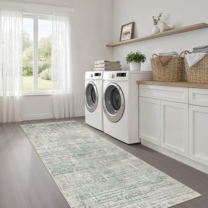 Runner Rug Non-Slip Kitchen Rug: 3x8 Washable Abstract Modern Soft Stain Resistant Indoor Floor Neutral Accent Throw Carpet for Hallway Bathroom Laundry Room Bedroom Entryway- Green