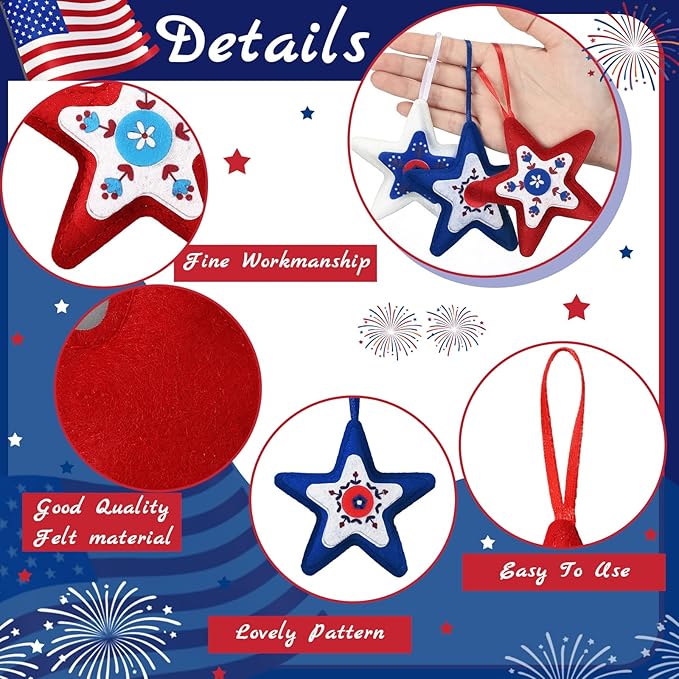 Soulchen 12 Pcs Red White Blue Ornaments Patriotic Felt Star Hanging Ornaments 4th of July Stuffed Star Hanging Decor for 250th Anniversary Memorial Independence Day Farmhouse Party