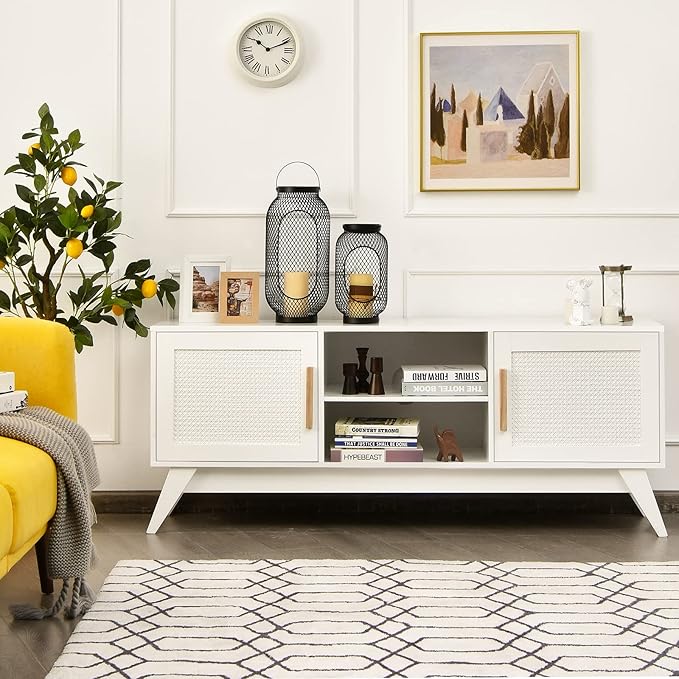 Tangkula Rattan TV Stand for TVs Up to 65", Entertainment Center, 3-Tier Adjustable Shelf, 2 Enclosed Weaved Cabinets, Cable Holes, Modern Media TV Console Table for Living Room