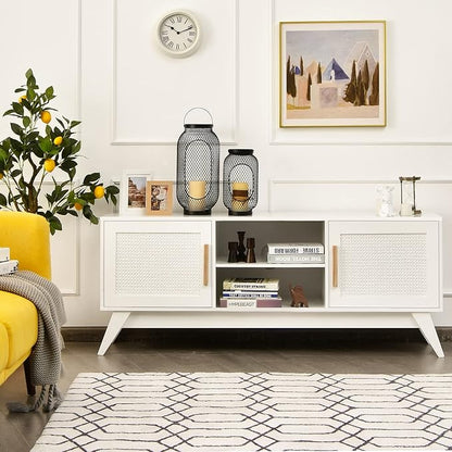 Tangkula Rattan TV Stand for TVs Up to 65", Entertainment Center, 3-Tier Adjustable Shelf, 2 Enclosed Weaved Cabinets, Cable Holes, Modern Media TV Console Table for Living Room