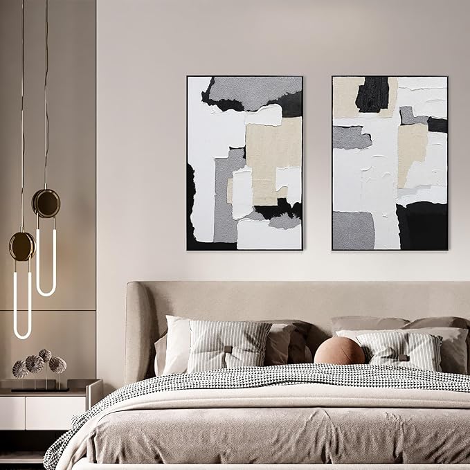 3D Textured Wall Art Hand-painted Neutral Black White Beige Tones Abstract Plaster Painting - Distressed Dimensional Minimalist Modern Living Room Bedroom Decor Framed Set of 2-24"x36" Each