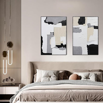 3D Textured Wall Art Hand-painted Neutral Black White Beige Tones Abstract Plaster Painting - Distressed Dimensional Minimalist Modern Living Room Bedroom Decor Framed Set of 2-24"x36" Each
