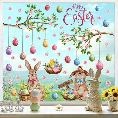 Happy Easter Window Clings Bunny Window Decorations Decals for Glass Double-Sided Removable Easter Egg Vinyl Static Sticker Spring Tree Branch Decals for Living Room Bedroom Office Holiday Supplies