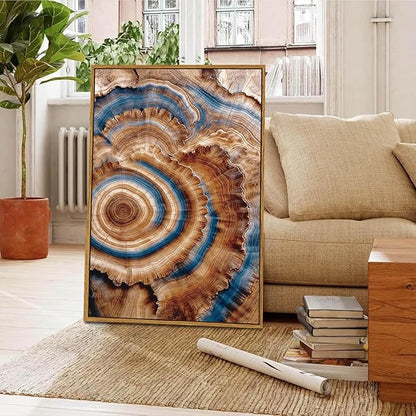 BingruiArt Large Framed Tree Ring Wall Art Wood Canvas Colorful Boho Wall Decor Rustic Artwork Abstract Painting Farmhouse Picture Nature Print for Living Room Bedroom Bathroom 24"x36" Natural Framed(10)