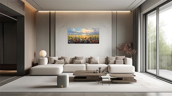 TutuBeer 1 Pcs Wildflower Field Artwork Rustic Wildflower Field at Beach Vintage Wall Art Canvas Prints Wild Flower Wall Art Rustic Style Kitchen Office Farmhouse Bathroom Decor 16x32inch
