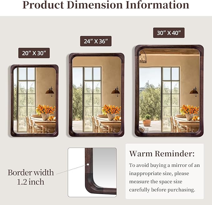 Tanmicoshomy Wood Bathroom Mirror 20 x 30 Inch, Solid Wood Framed Rectangle Mirrors with Tempered Glass for Living Room Bedroom or Entryway(Dark Brown)