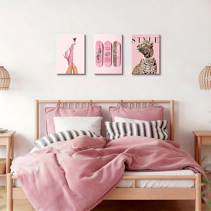WENGTIAO 3Pcs Pink Leopard Canvas Wall Art Fashion Cheetah Paintings Prints Lucky Skateboard Pictures Boots Martini Posters Decor Coquette Preppy Aesthetic Artwork for Living Room Bedroom 12x16x3 inch