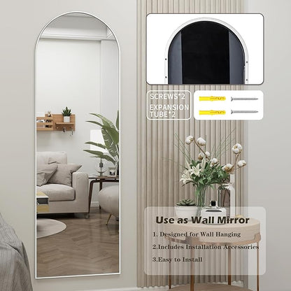 Arched Full Length Door Mirror 14x48, Metal Frame with Protective Film, No-Drilling Hanging or Wall Mount, Hooks & Hardware Included, Full Body Mirror for Bedroom, Dorm, White