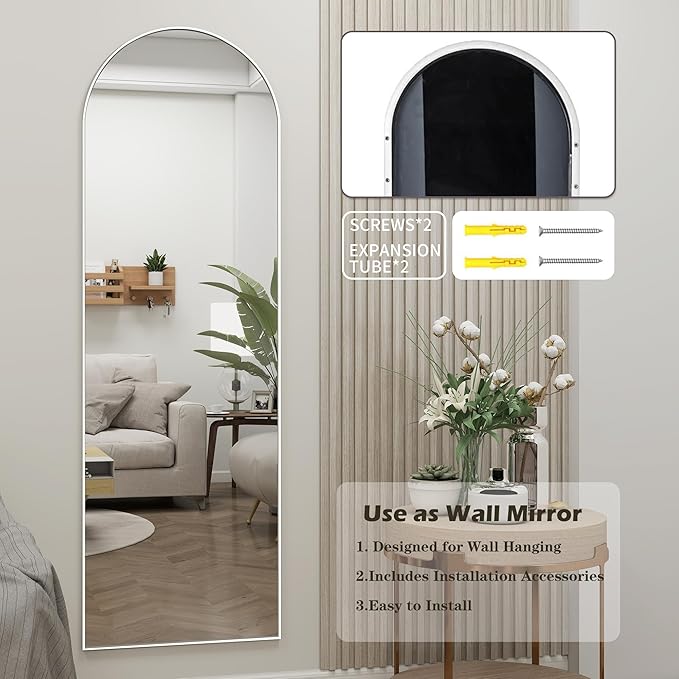 Dewfig Door Mirror with Stand, Arched Full Length Mirrors Over The Door, 16"x 50" Hanging or Wall Mirror, Full Body Mirrors for Bedroom,Living Room,White