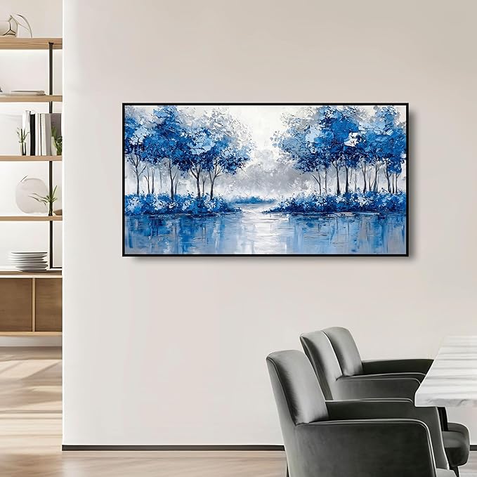 Large Wall Art for Living Room Bedroom Office Entryway, Blue Gold Abstract Modern Luxury Framed Crystal Porcelain Wall Decor, Waterproof Easy Clean Artwork for Home Hotel Restaurant Bar 24x48 Inch