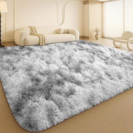 Large 9x12 Area Rug for Living Room, Soft Shag Rugs for Bedroom, Non-Slip Ultra Fluffy Rug,Modern Plush Carpet for Girls Boys Kids Room Dorm,Fuzzy Rug for Home Decor Aesthetic,Tie-Dyed Grey