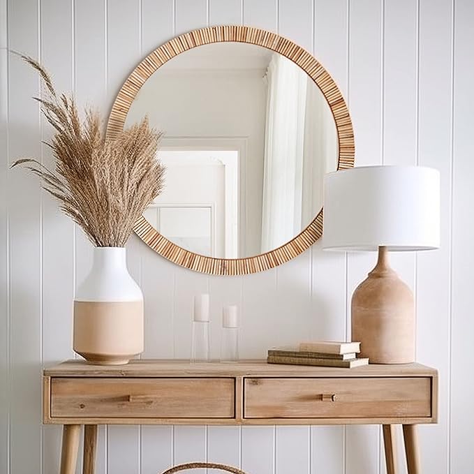 Barnyard Designs Round Rattan Wall Mirror, Natural Tan Woven Rattan Frame, Indoor Decorative Mirror for Bedroom Living Room Entryway (25.5", Round)