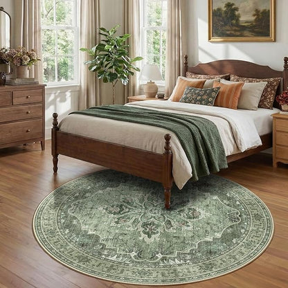 RELEANY Area Rugs Round 7ft Washable Non-Slip, Floral Vintage Distress Print Pattern Medallion Carpet for Living Room Bedroom Dining Room, Dark Green Gray