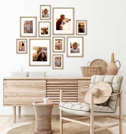 10 Piece Shadow Box Style Gallery Wall Frame Set - Rustic Photo Frame Set with Mat for 8x10, 5x7 and 4x6 - Multiple Sizes Picture Frame Set for Wall Collage–Farmhouse Assorted Deep Picture Frames(Oak)