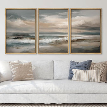 SIGNLEADER Framed Canvas Print Wall Art Set Soft Neutral Coastal Waves Muted Teal and Beige Ocean Illustrations Minimal Decorative Bohemian Nordic for Living Room, Bedroom, Office - 24"x36"x3 NATURAL