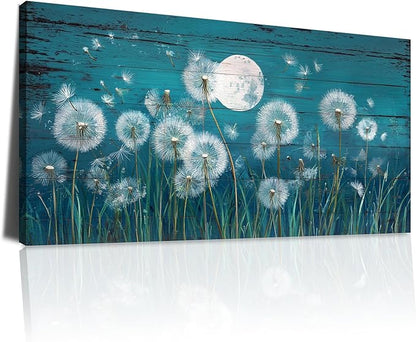 BQVCT Dandelion Moon Wall Art 30x58 Inch Large Gallery Wrapped Canvas Print Teal Blue Rustic Wood Plank Design Modern Celestial Nature Themed Decor for Living Room & Bedroom