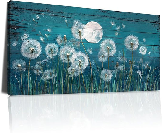 BQVCT Dandelion Moon Wall Art 20x40 Inch Large Gallery Wrapped Canvas Print Teal Blue Rustic Wood Plank Design Modern Celestial Nature Themed Decor for Living Room & Bedroom