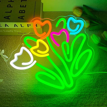 Dracey Tulip LED Neon Sign, Dimmable LED Tulip Flower Neon Light Signs, Florist Bunch Store Shop Bedroom Club Wall Decor, Gift for Mother's or Valentine's Day(13 * 11.4 in)