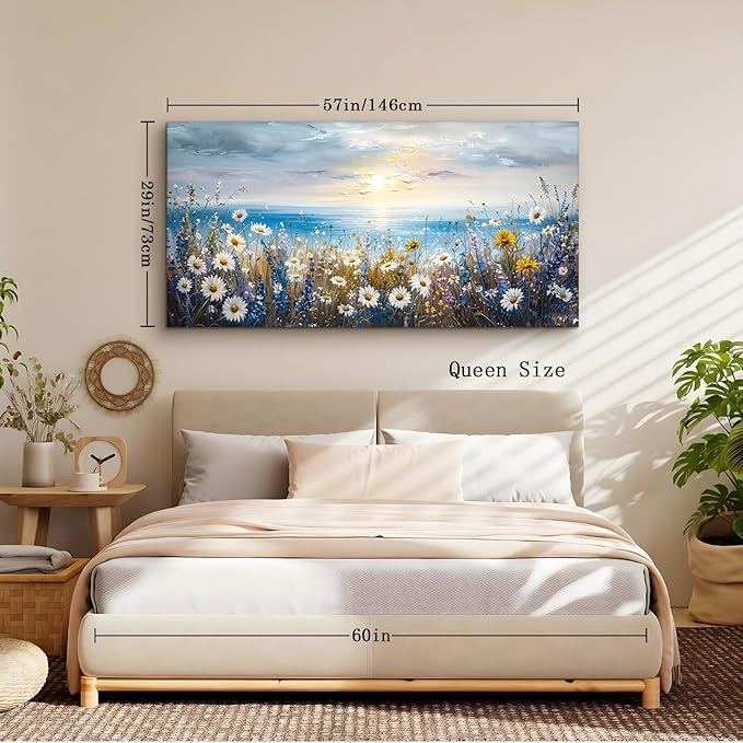 crmotu Beach Wildflower Landscape Wall Art, Seaside Sunset Extra Large Wall Decor, Daisy Floral Botanical Canvas Prints, Modern Rustic House Decorations Living Room Dining Room Farmhouse 29X57 In