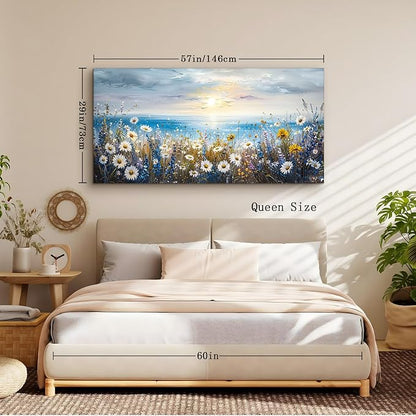 crmotu Beach Wildflower Landscape Wall Art, Seaside Sunset Extra Large Wall Decor, Daisy Floral Botanical Canvas Prints, Modern Rustic House Decorations Living Room Dining Room Farmhouse 29X57 In