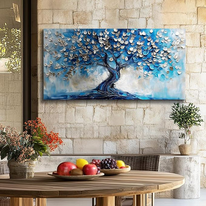 crmotu Tree of Life Large Wall Art for Living Room, Blue Tree Canvas Decor Paintings Abstract Art Prints, Neutral Navy Blue Pictures Wall Decor for Bedroom Bathroom Office Modern Home Decor 29"X57"