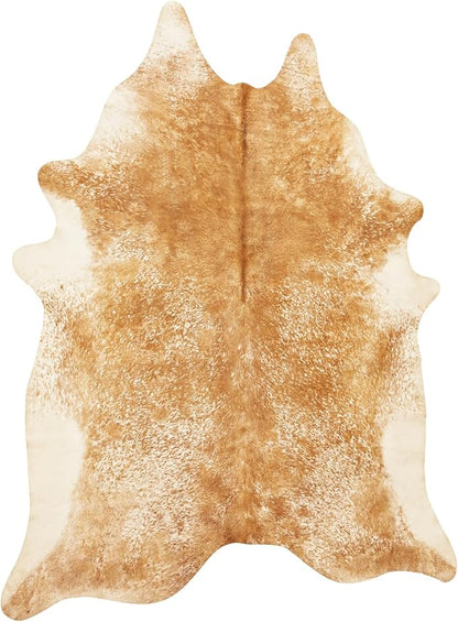 Faux Cowhide Rug 4x5 ft, Washable Non Slip Animal Print Area Rug, Khaki Brown Cow Hide Shaped Carpet for Living Room Bedroom Office Fireplace, Rustic Western Farmhouse Decor Cruelty Free