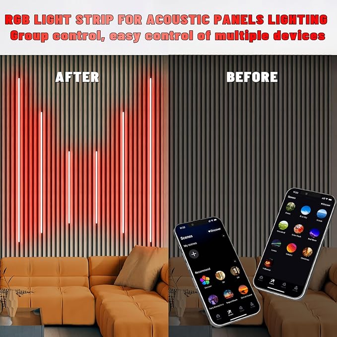 Lichaser RGB Black Smart Recessed Lighting for Acoustic Panel, 6 Pcs WiFi LED Strip Light for Wood Slat Wall Panel Compatible with Alexa, Self-Adhesive Smart LED for Slat Wall (2*24+2*16+2*13 in)