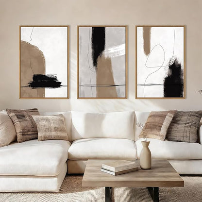 KAIRNE Abstract Neutral Framed Canvas Wall Art Set,Abstract Black Brown Wall Decor,Modern Color Blocks Art Prints,Minimalist Brush Strokes Artwork for Living Room,Bedroom,Farmhouse,Office-16 x24 x3