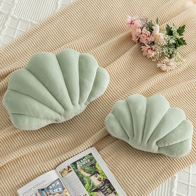 Shell Pillow, Shell Shaped Decorative Throw Pillows with Velet for Couch Bed, Cute Seashell Beachy Room Decor Aesthetic Throw Pillows for Bedroom Living Room(13x10 Inches, Sage Green)