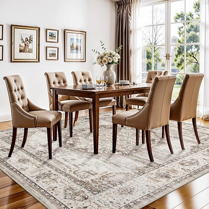7x7 Area Rug Washable Living Room Rugs: 7ft Square Ultra Thin Soft Oriental Area Rugs Non-Slip Backing Farmhouse Rug Low Pile Thin Stain Resistant Indoor Carpets, 7' x 7' Beige