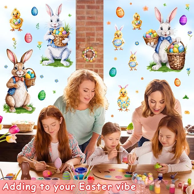 Easter Window Decoration Clings Bunny Decals for Glass Window Double-Side Vintage Bunny Decal Removable Easter Eggs Chick Rabbit Stickers for Living Room Kids Bedroom Nursery Spring Holiday Supplies