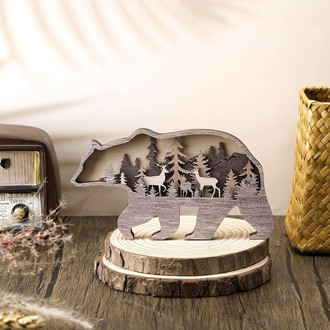 Honoson Forest Animal Rustic Wall Art Decor Wooden Farmhouse Wall Decoration Wooden Animal Decor Wood Forest and Mountain Ornaments for Cabin Bedroom Living Room Decor(Brown,Bear Style)