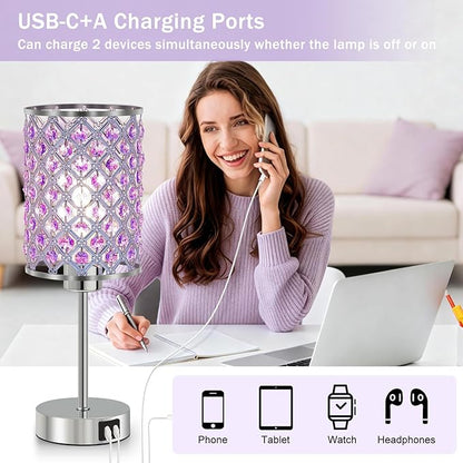 GyroVu Purple Crystal Table Lamp with USB C+A Ports, Dimmable Touch Control Bedside Lamp with LED Bulb, Small Night Light for Bedroom, Living Room, Girls Room, Office