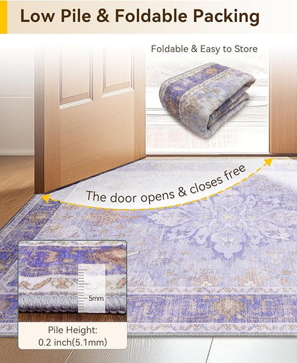 RELEANY Area Rugs 8'x10' Washable Non-Slip, Floral Vintage Distress Print Pattern Medallion Carpet for Living Room Bedroom Dining Room, Light Purple Brown
