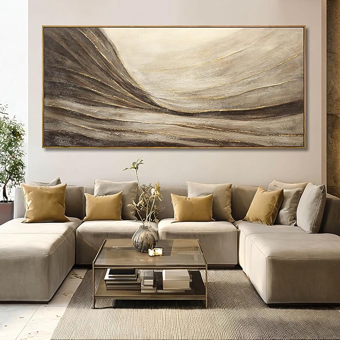 WINKAILIN Textured Abstract Landscape Canvas Wall Art in Brown and Gold Modern Minimalist Flowing Line Artwork for Living Room Bedroom Office Wall Decor 40x88 Inch
