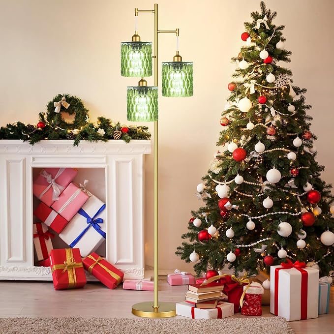 AHDWDW Gold Floor Lamp for Living Room Bedroom,3 Lights Vintage Tree Floor Lamps with Green Glass Shades,Mid Century Modern Floor Lamp for Corner Office,68IN Unique Tall Standing Lamp with Bulbs