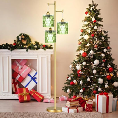 AHDWDW Gold Floor Lamp for Living Room Bedroom,3 Lights Vintage Tree Floor Lamps with Green Glass Shades,Mid Century Modern Floor Lamp for Corner Office,68IN Unique Tall Standing Lamp with Bulbs