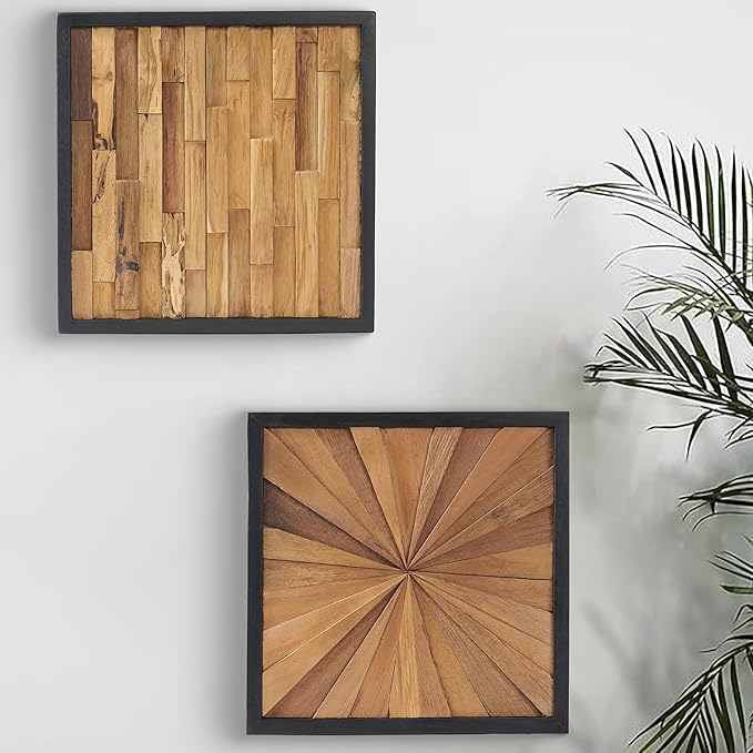 Greenage Natural Teak Wood Wall Art 17"x17" Rustic Farmhouse Sunrise Pattern Natural Wood Decor Hanging Decoration Textured Wooden Frame Wall Panel for Home Living Room Bedroom Meeting Room