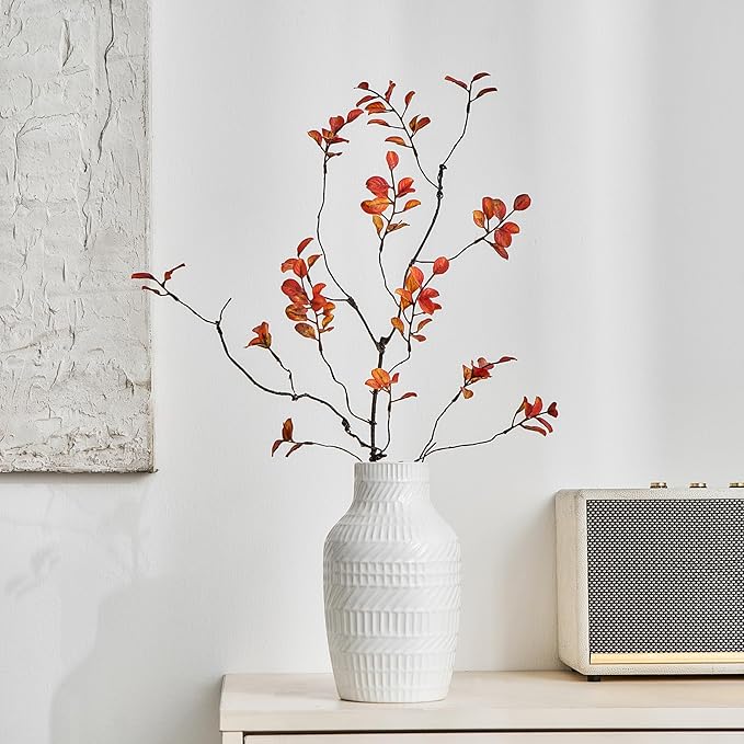 Boho White Ceramic Vase, 8.7" Textured Flower Vase for Home Decor, Minimalist Table Centerpiece for Living Room, Office, Bedroom (White Vase)