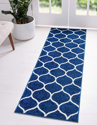 Unique Loom Trellis Frieze Collection Area Rug - Rounded (2' x 6' 1" Runner, Navy Blue/ Ivory)