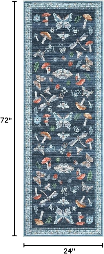 ROYHOME Mushroom Insect Rug 2x6 Runners for Hallways, Boho Kitchen Runner Rugs Non Slip Bath, Modern Washable Rug for Bedroom, Soft Long Rugs for Entryway Bathroom Laundry Dorm, Blue